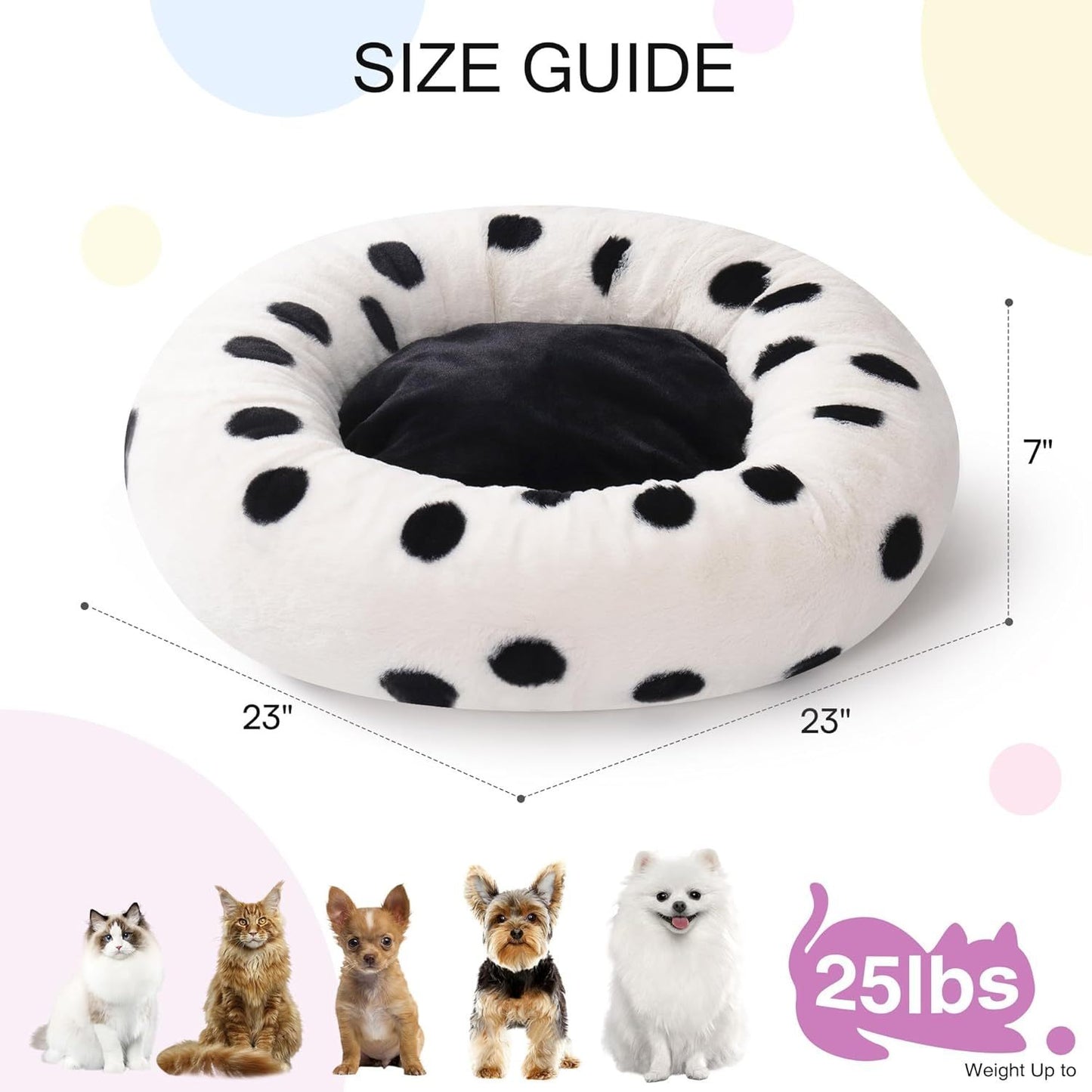 MEWOOFUN Donut Cat Bed For Indoor Cats - 23 Inch Round Washable Pet Bed With Non-Slip Bottom, Plush Fluffy Small Dog Bed For Puppies & Kittens, Black Dot
