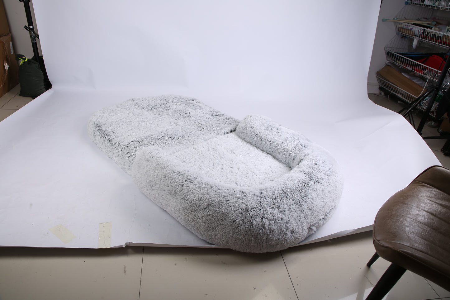 1Pc Large Foldable Human Size Dog Bed With Pillow Blanket Flurry Plush Napping Human-Sized Dog Bed Machine Washable Zipped Removable Cover For Pets Kids Adults Grey 71x45x10in